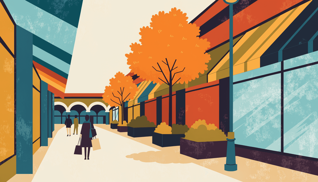 Flat-vector editorial illustration of an open-air outlet mall street at dusk, rows of awning-covered storefronts receding along a diagonal, silhouette shoppers strolling with bags, autumn trees in planters and one small brass-gold accent.