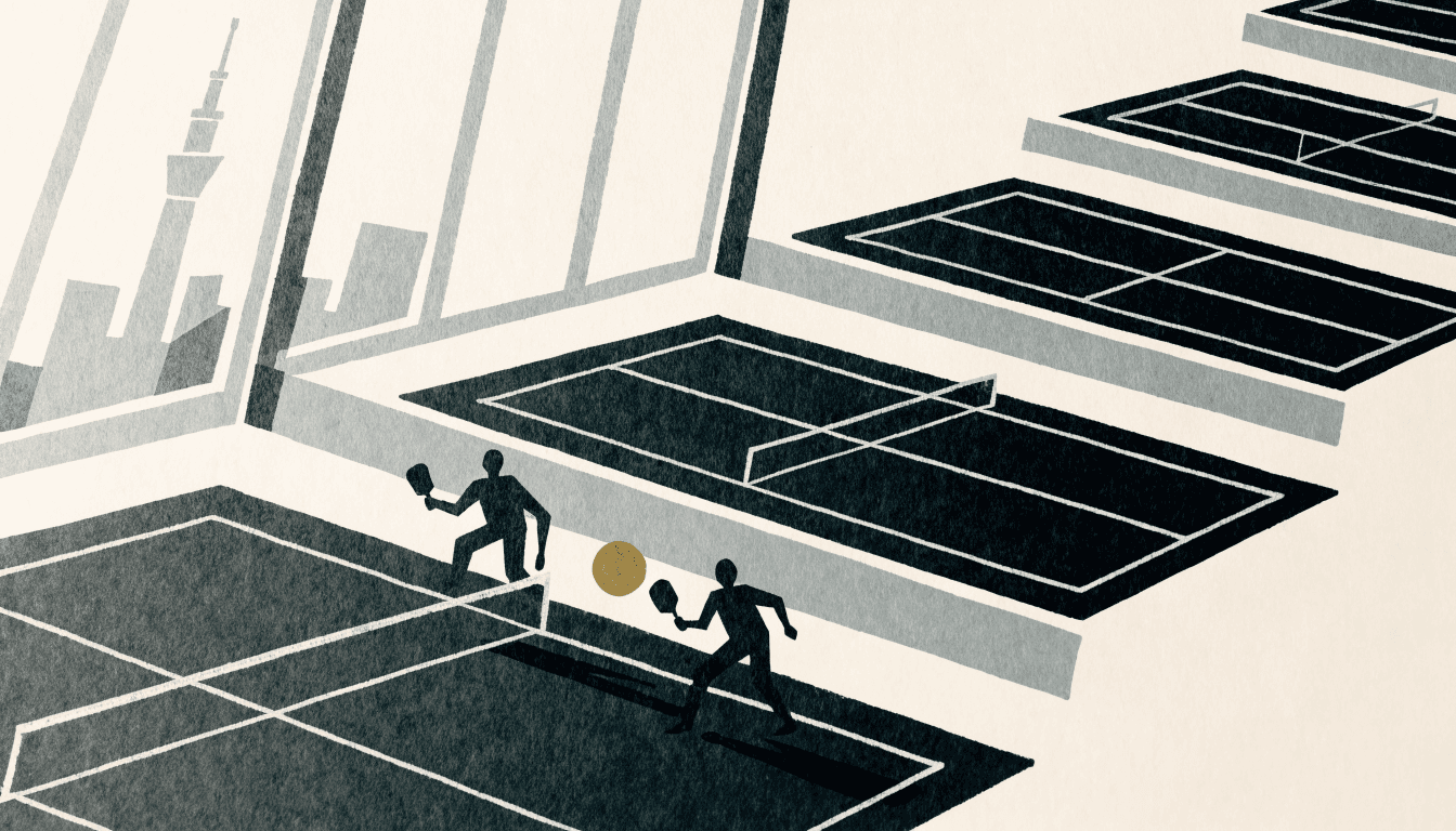 Editorial illustration of an indoor pickleball facility seen from above, two silhouette figures mid-rally on the near court with a row of empty courts receding toward a glimpse of the Tokyo skyline.