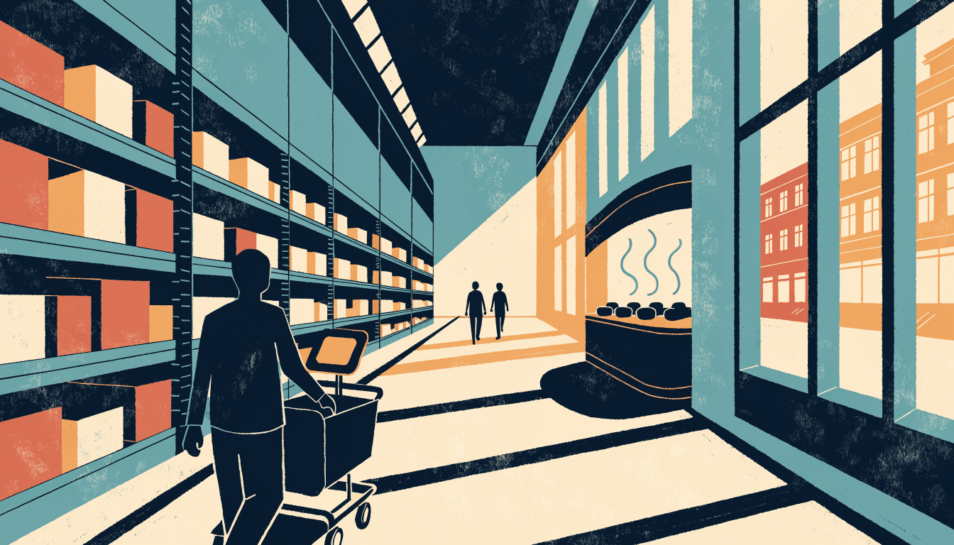 Flat-vector illustration of a discount supermarket aisle at opening time, a silhouette shopper pushing a screen-fitted cart past tall shelving, with a steaming prepared-foods counter glimpsed beyond.