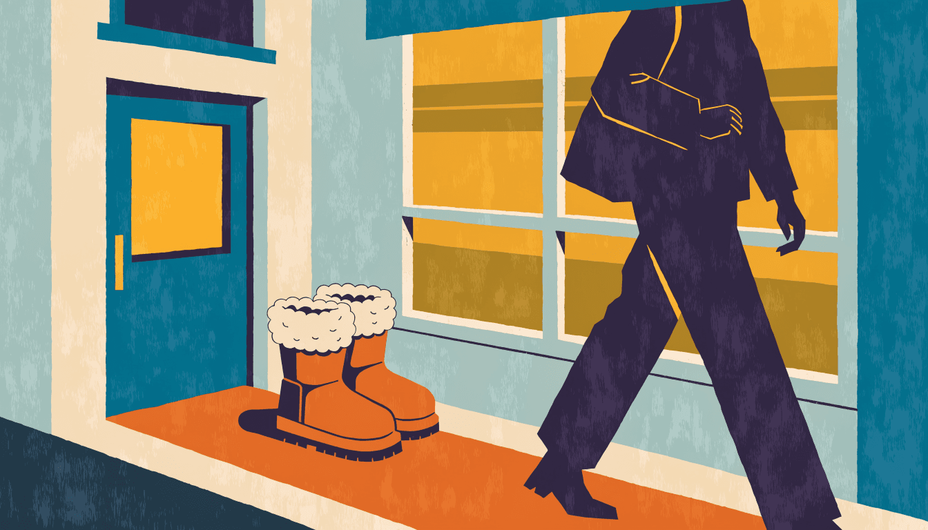 Flat-vector editorial illustration of a minimalist Tokyo apartment entryway with a pair of boots by the door, warm lamplight and an anonymous silhouette figure stepping out.