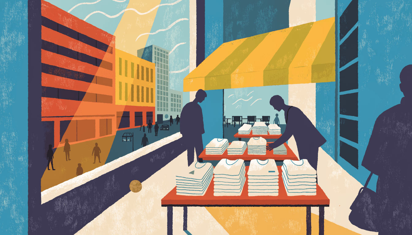 Illustration of folded summer clothing stacked on wooden tables in a sunlit apparel store window display