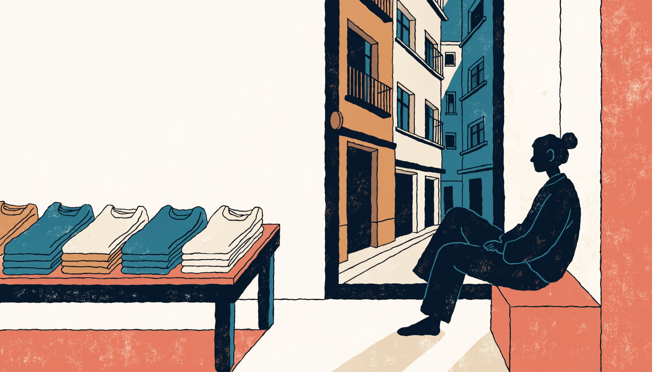 Illustration of folded loungewear stacked on a display table beside a silhouetted figure seated by a window overlooking a quiet street.