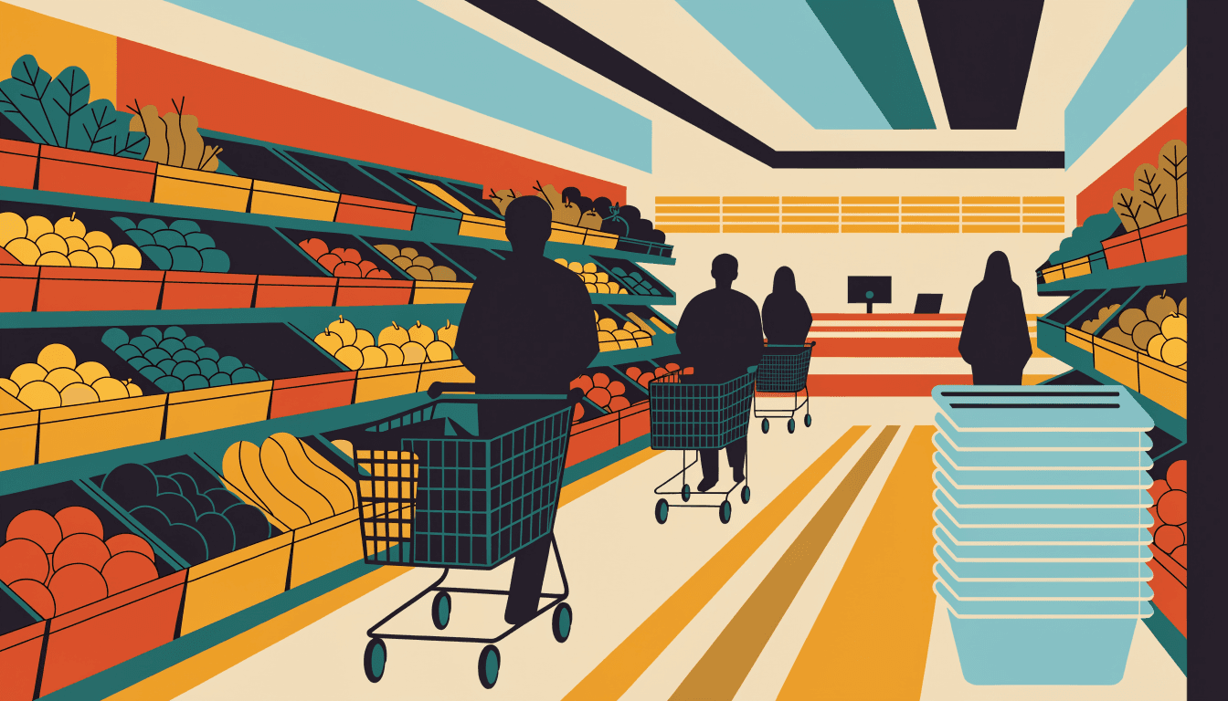 Flat-vector editorial illustration of a neighbourhood supermarket aisle in greater Tokyo, with a checkout counter, stacked shopping baskets and anonymous silhouette shoppers pushing carts.
