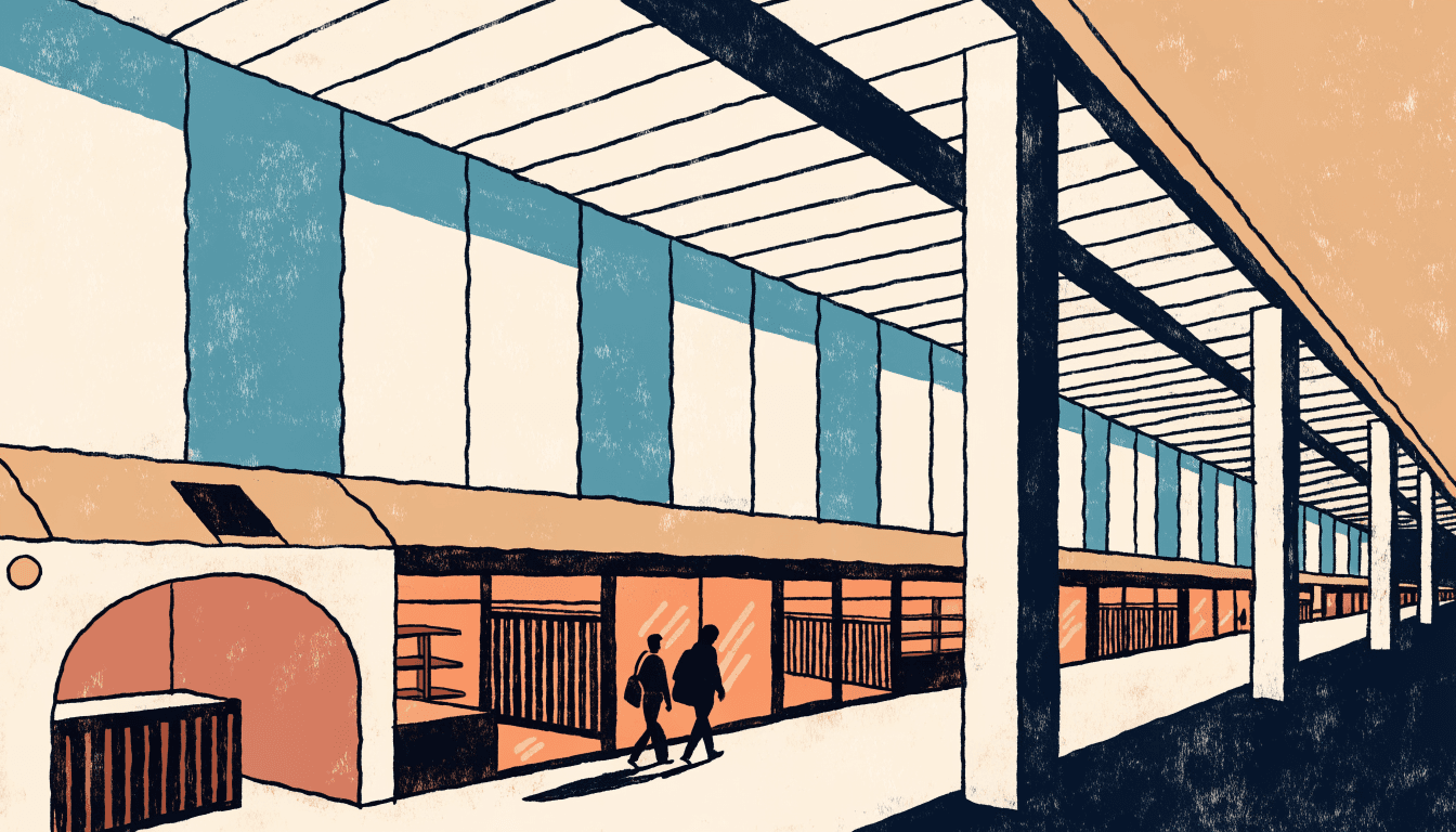 Illustration of a low retail terrace built into the space beneath elevated railway tracks near a train station, with silhouetted figures walking past lit shopfronts in the evening.