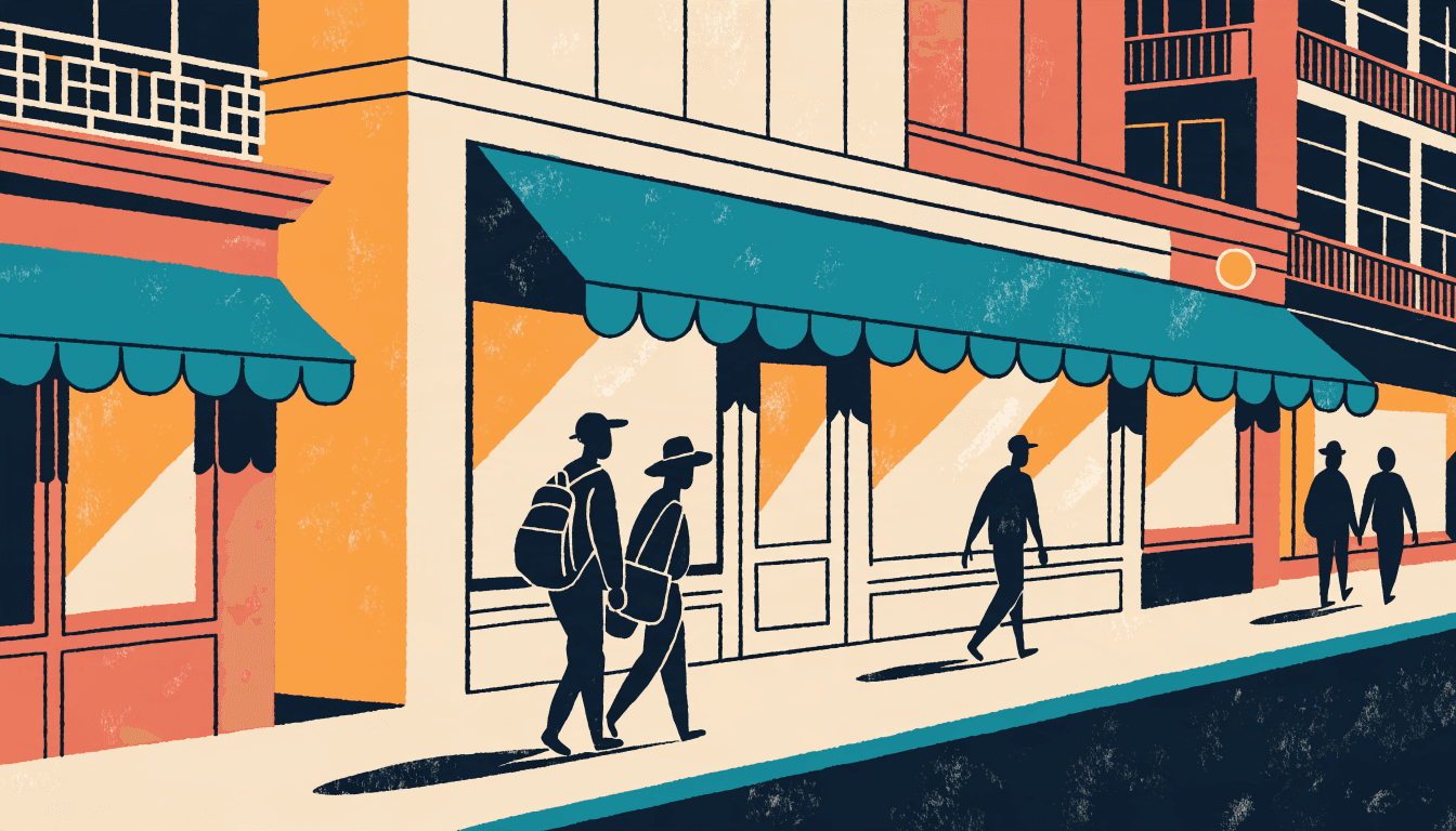 Flat-vector illustration of a youth-fashion boutique storefront with a teal awning on a Shanghai shopping street at dusk, with pedestrians in silhouette.