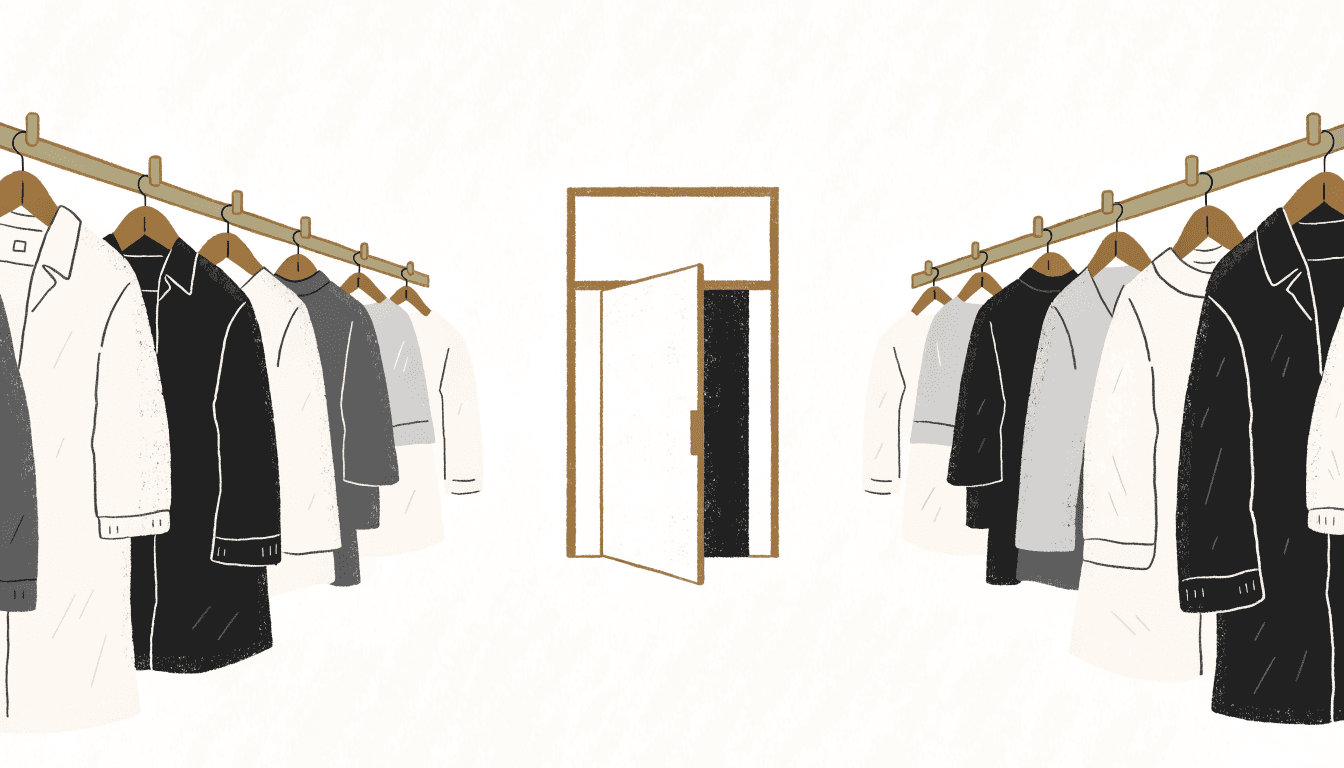 Flat editorial illustration of two apparel rails, hung with coats and shirts, converging on a single storefront doorway with a brass-gold frame.