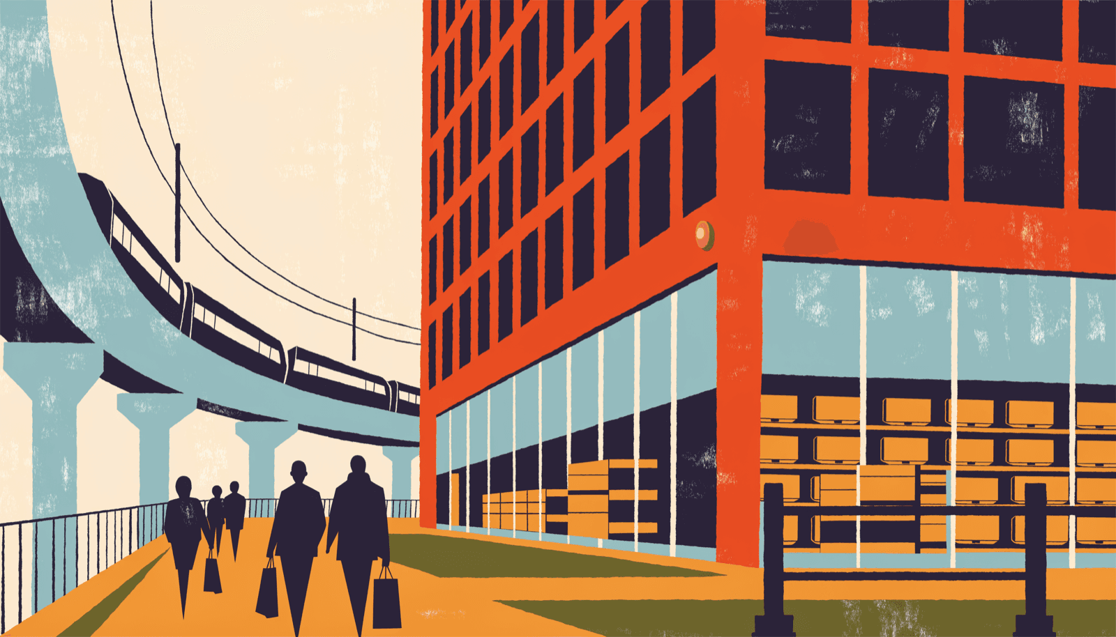 Illustration of a station-front commercial tower whose lower floors have become an open big-box electronics hall of shelves and appliances.