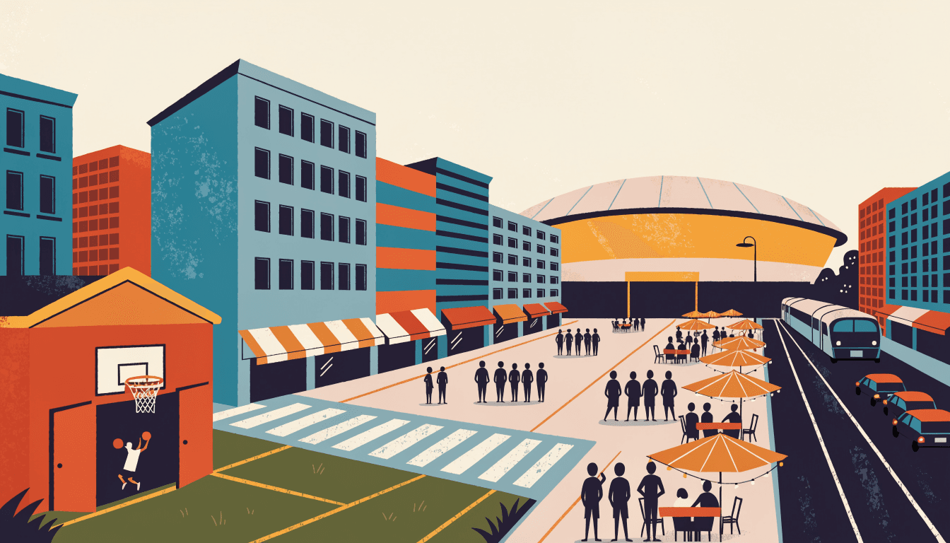 Illustration: a child shoots hoops in a small neighborhood gym while fans gather on a plaza outside a modern arena, with a train and taxis nearby.