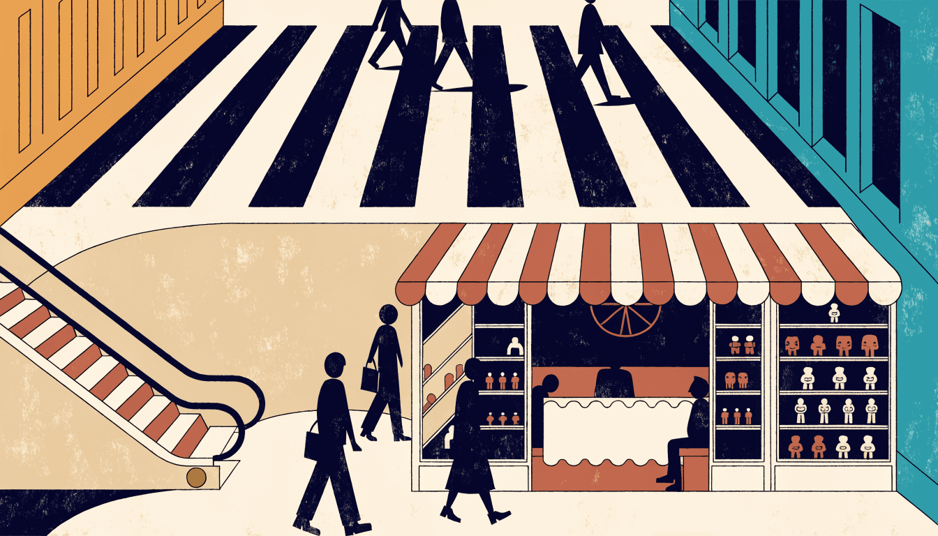Editorial illustration — an underground retail concourse with softly lit display windows and a cinema-carnival themed interior.