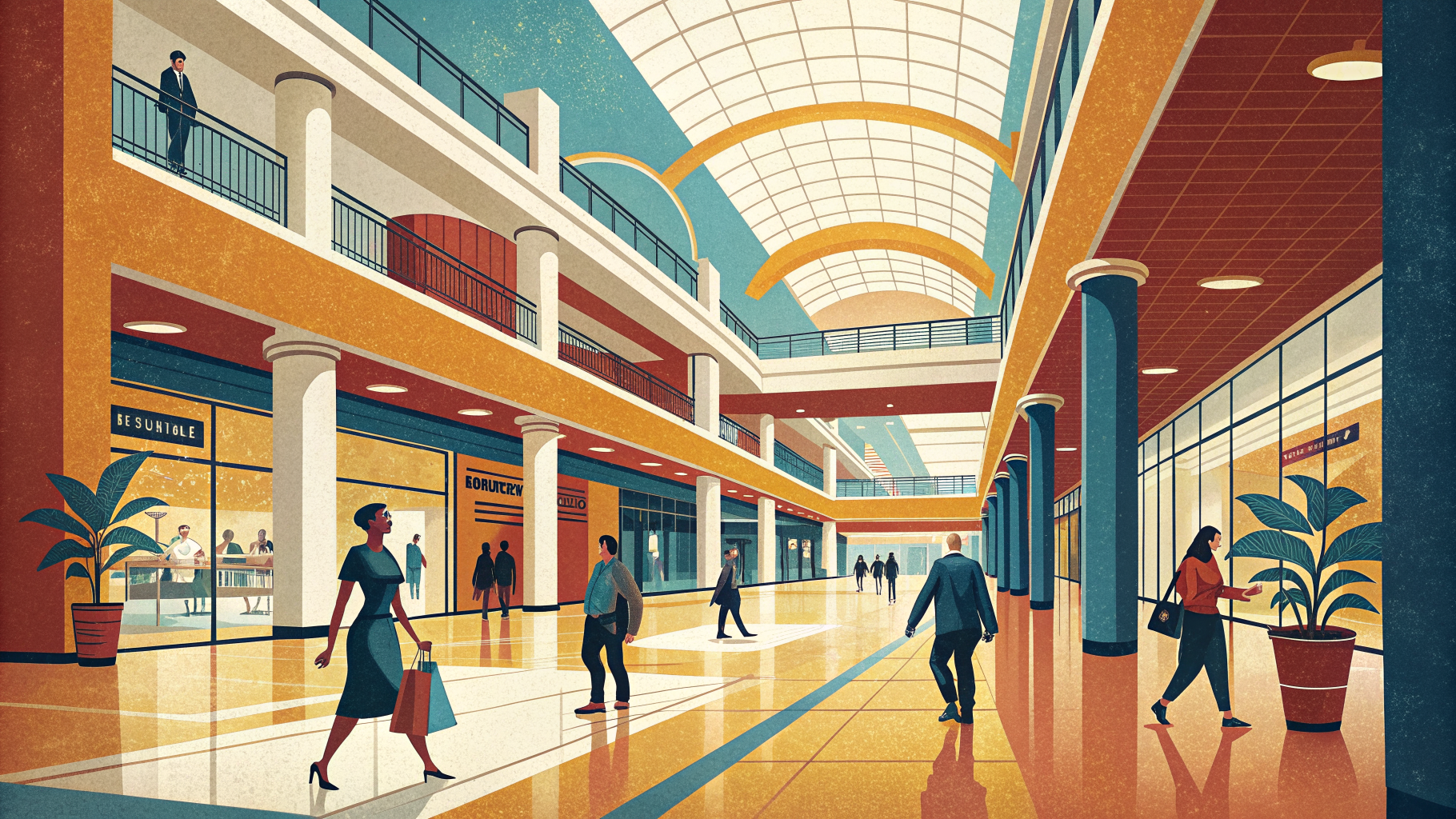 Editorial illustration — a wide, light-filled shopping-centre atrium with polished floors and minimalist interior columns.